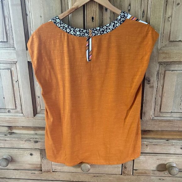 Porridge Clothing Womens XS Striped‎ Blouse Tee Orange White Blue Floral Trim - Picture 8 of 10